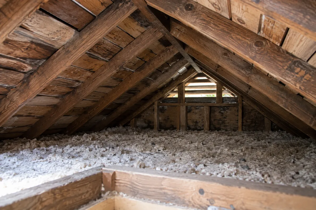 Timber attic rafters leading toward a gable vent