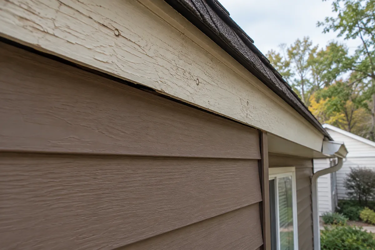 Narrow separation between residential fascia and siding under an eave