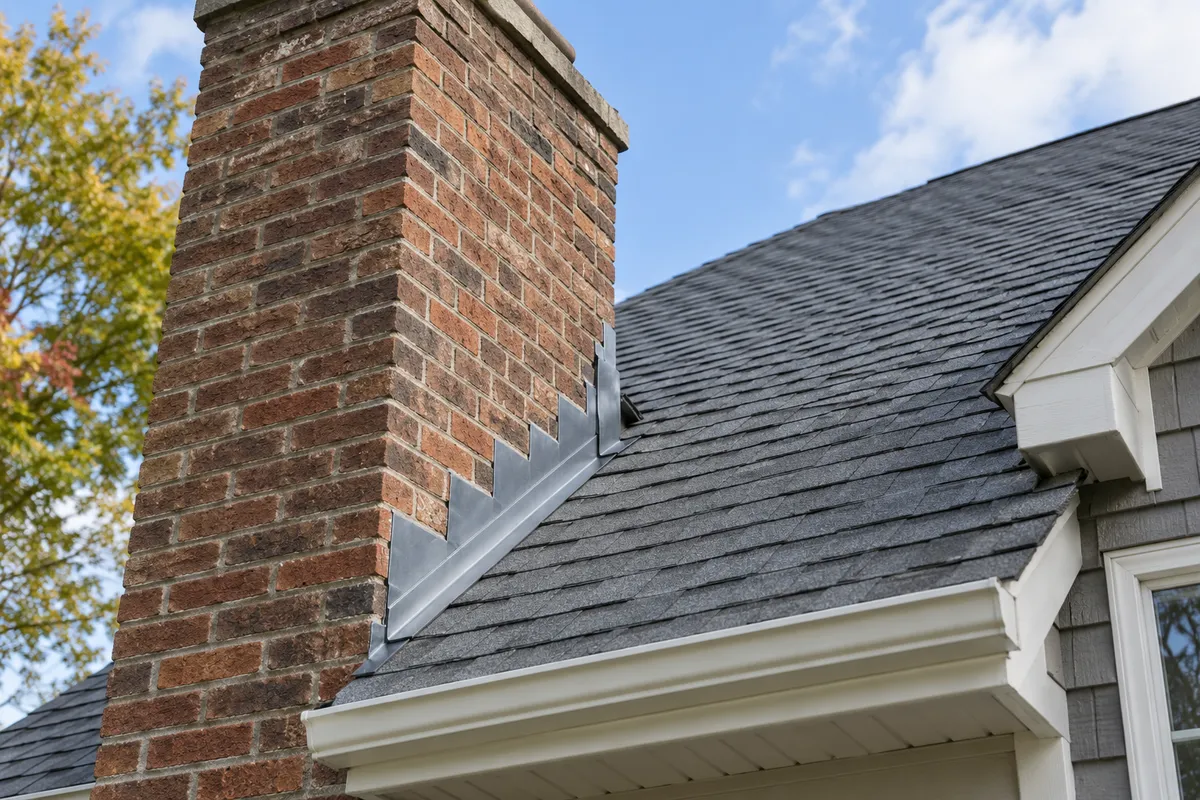 Brick chimney and metal flashing at a shingle roof junction